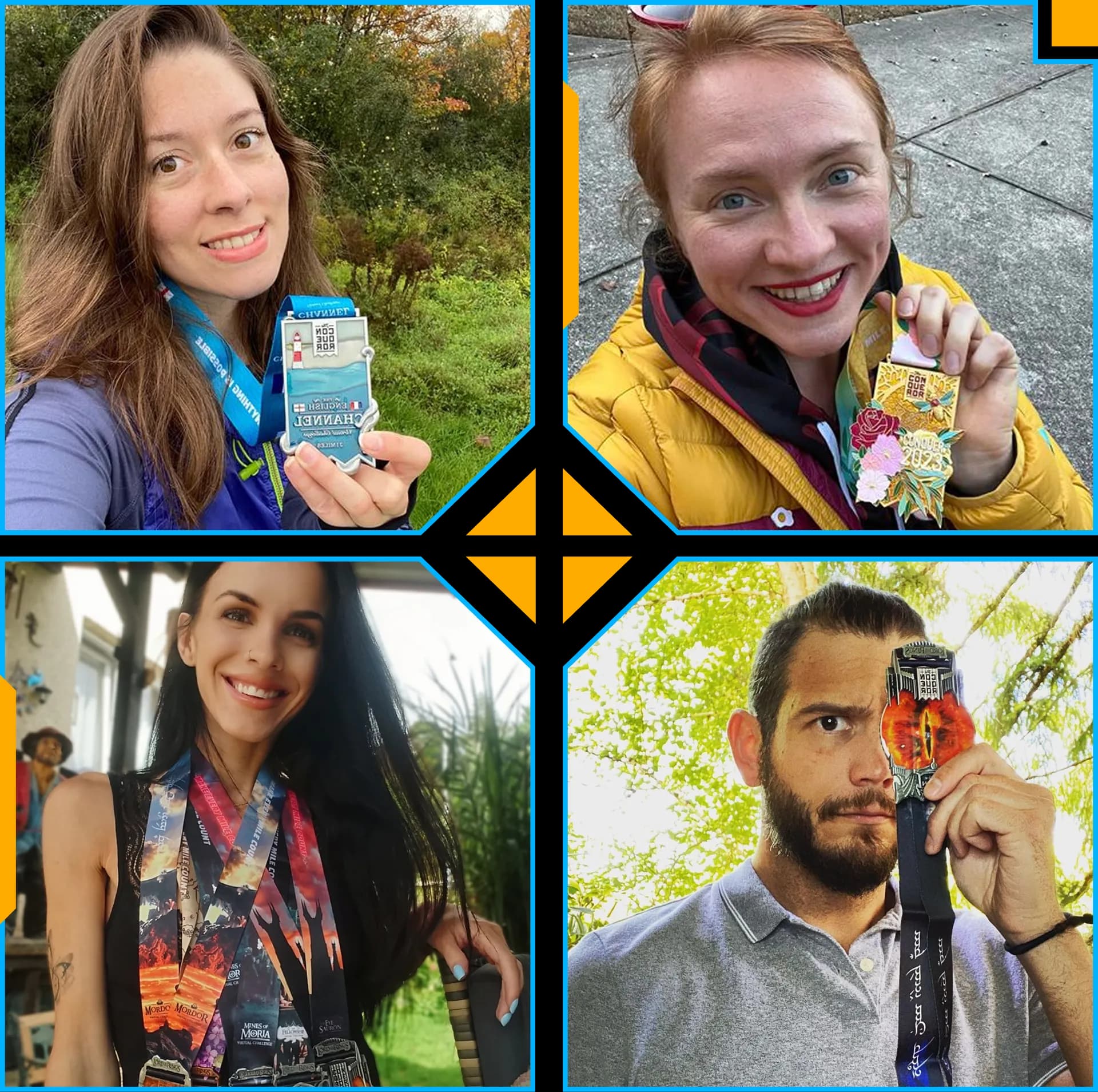 Conqueror community members showing off medals
