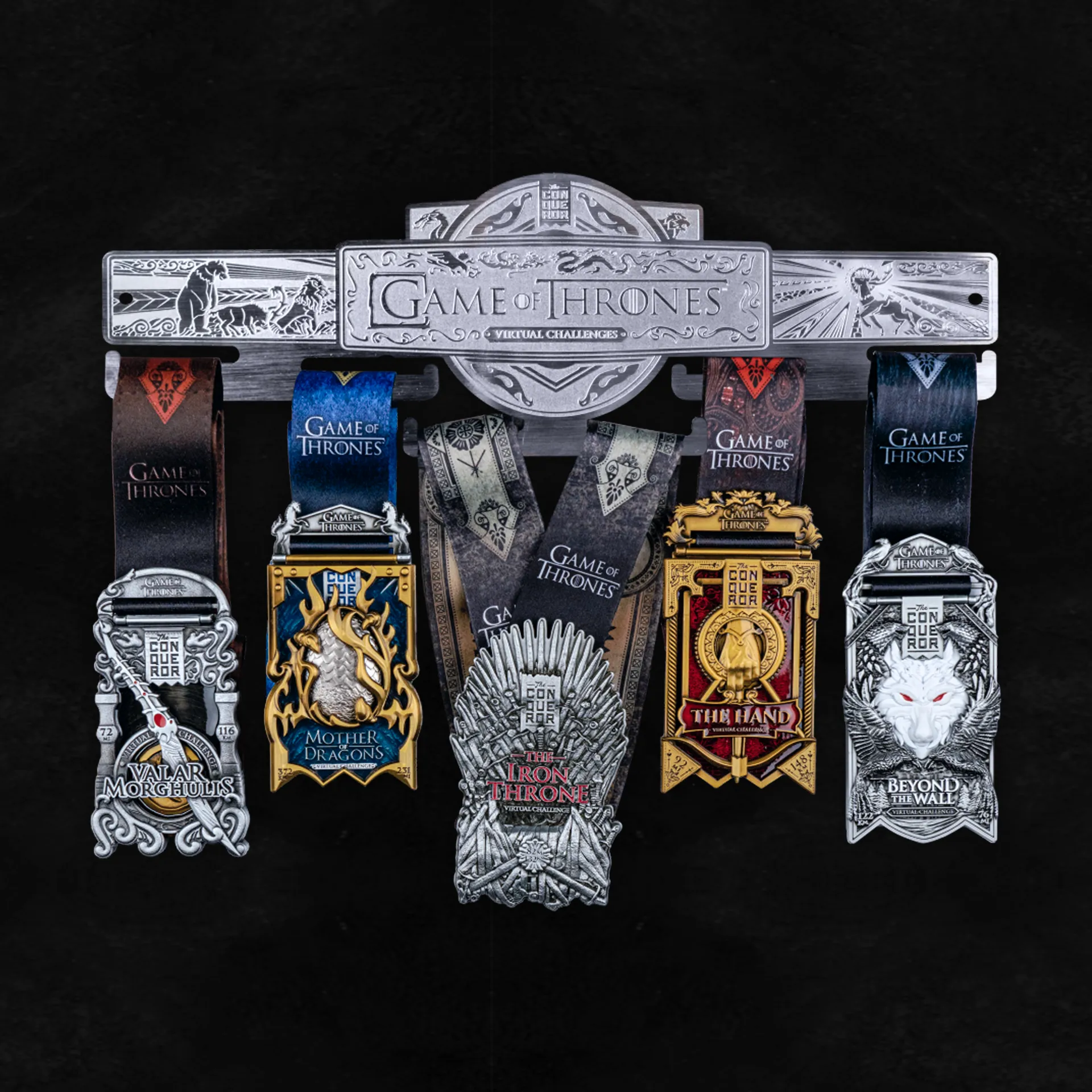 Game of Thrones themed medal hanger with medals displayed