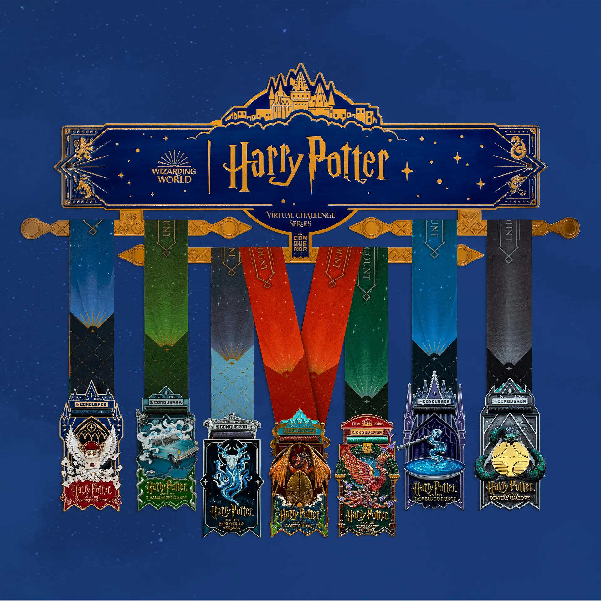 Harry Potter themed medal hanger with medals displayed