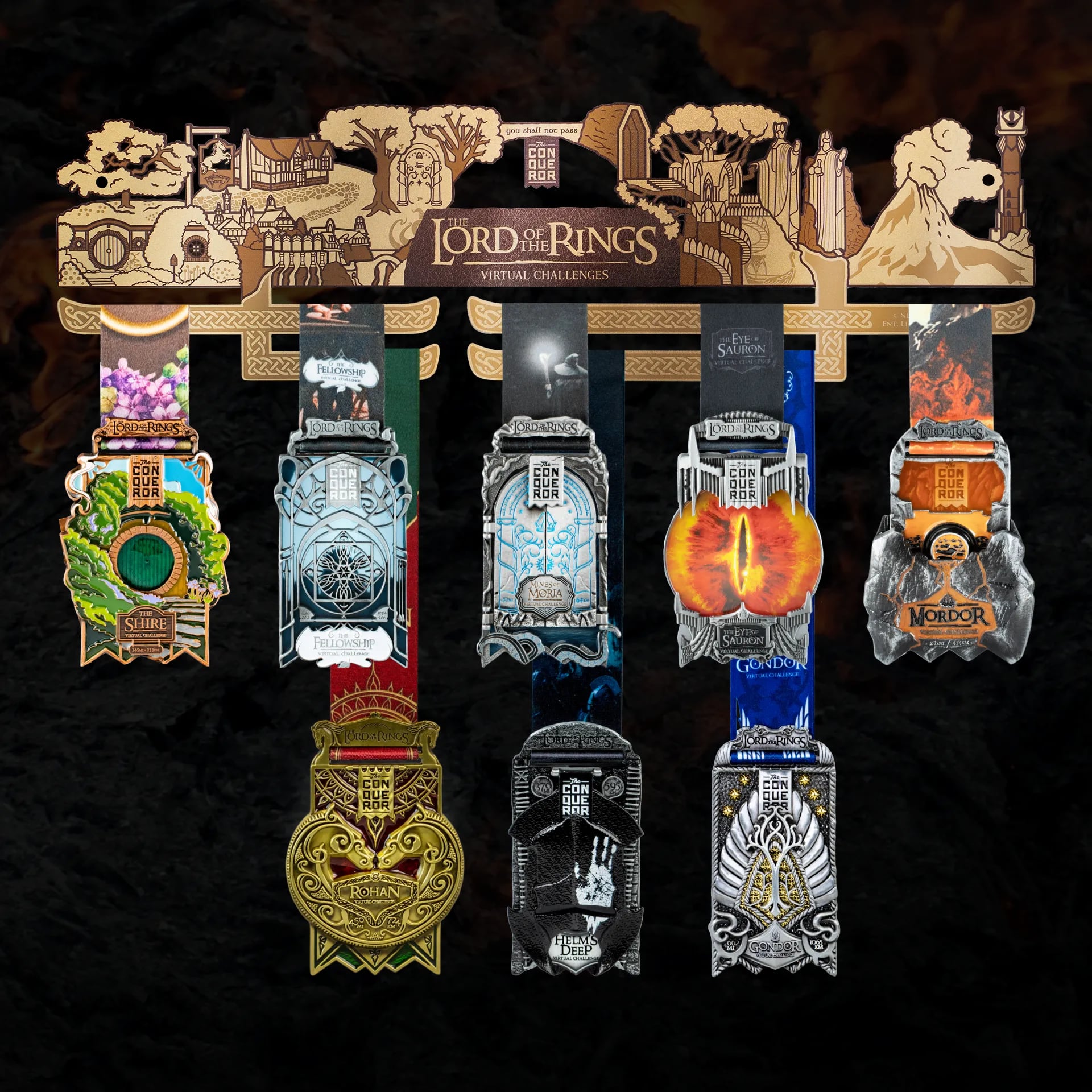 The Lord of the Rings themed medal hanger with medals displayed