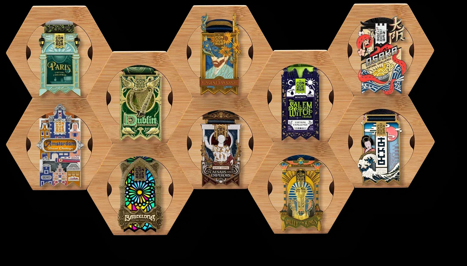 Honeycomb modular medal display with colorful challenge medals