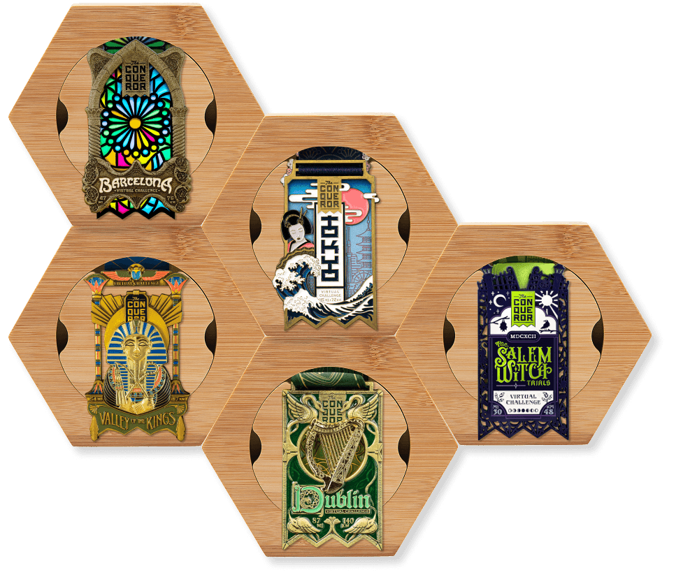 Honeycomb modular medal display with colorful challenge medals