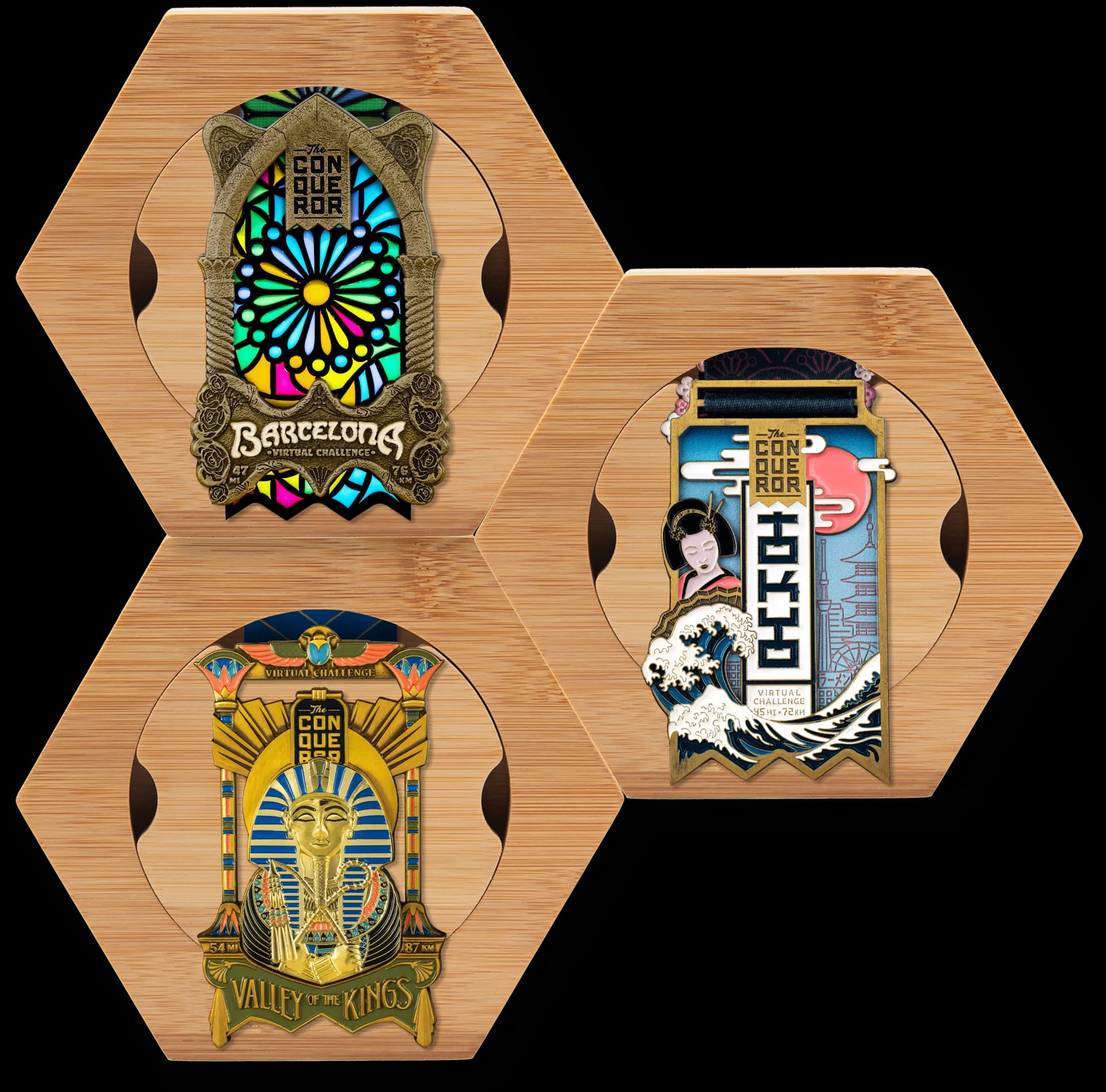 Honeycomb modular medal display with colorful challenge medals