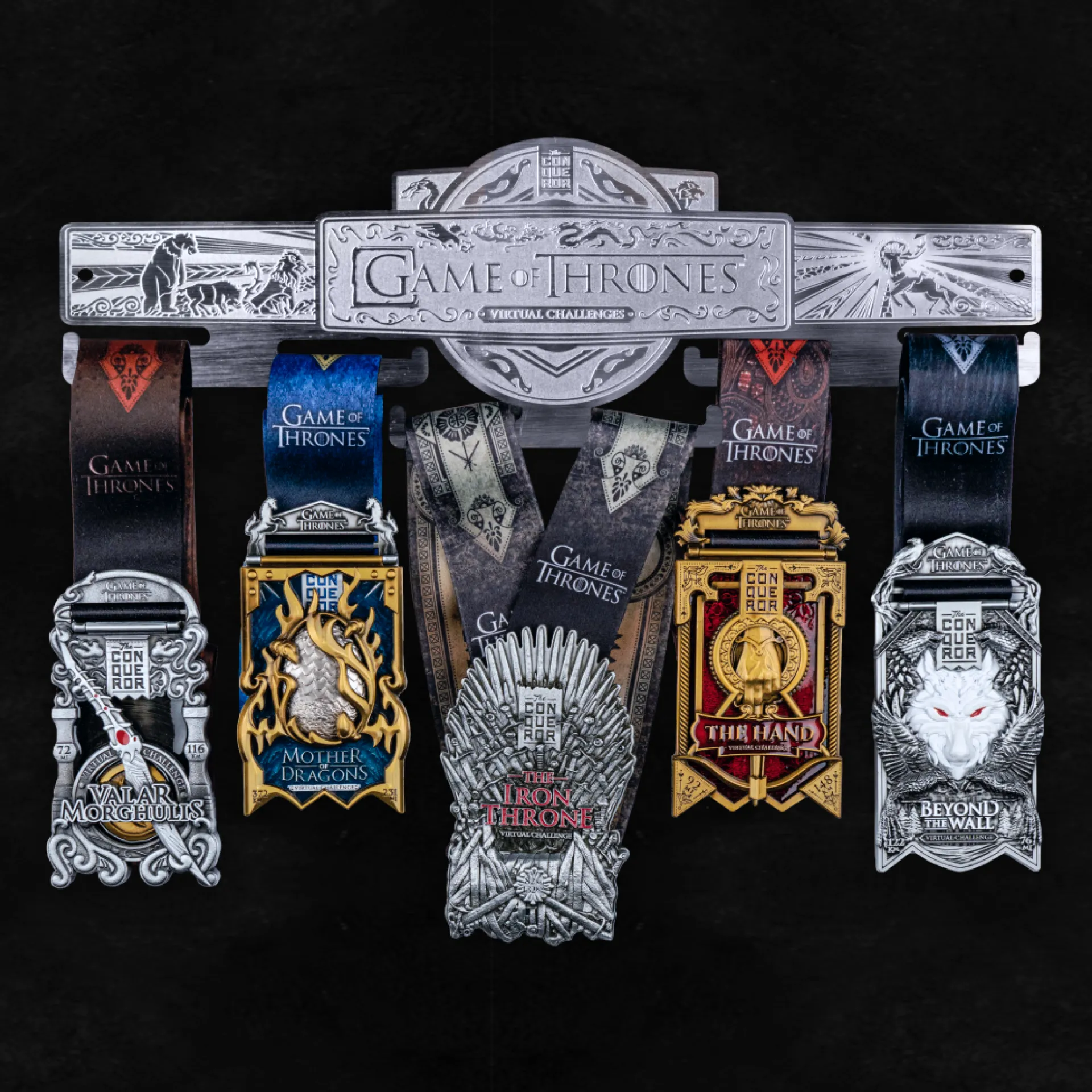 Game of Thrones themed medal hanger with medals displayed