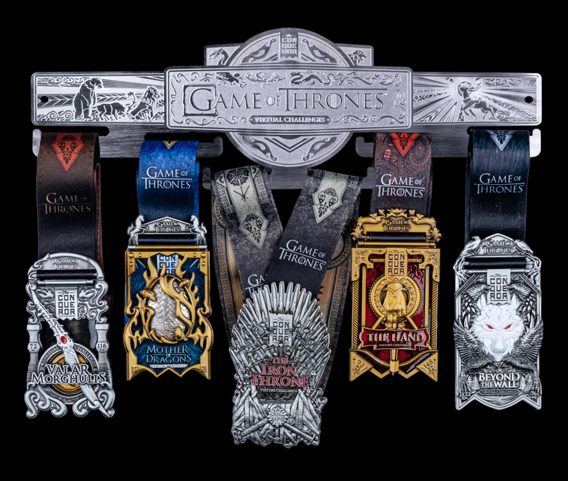 Game of Thrones themed medal hanger with medals displayed