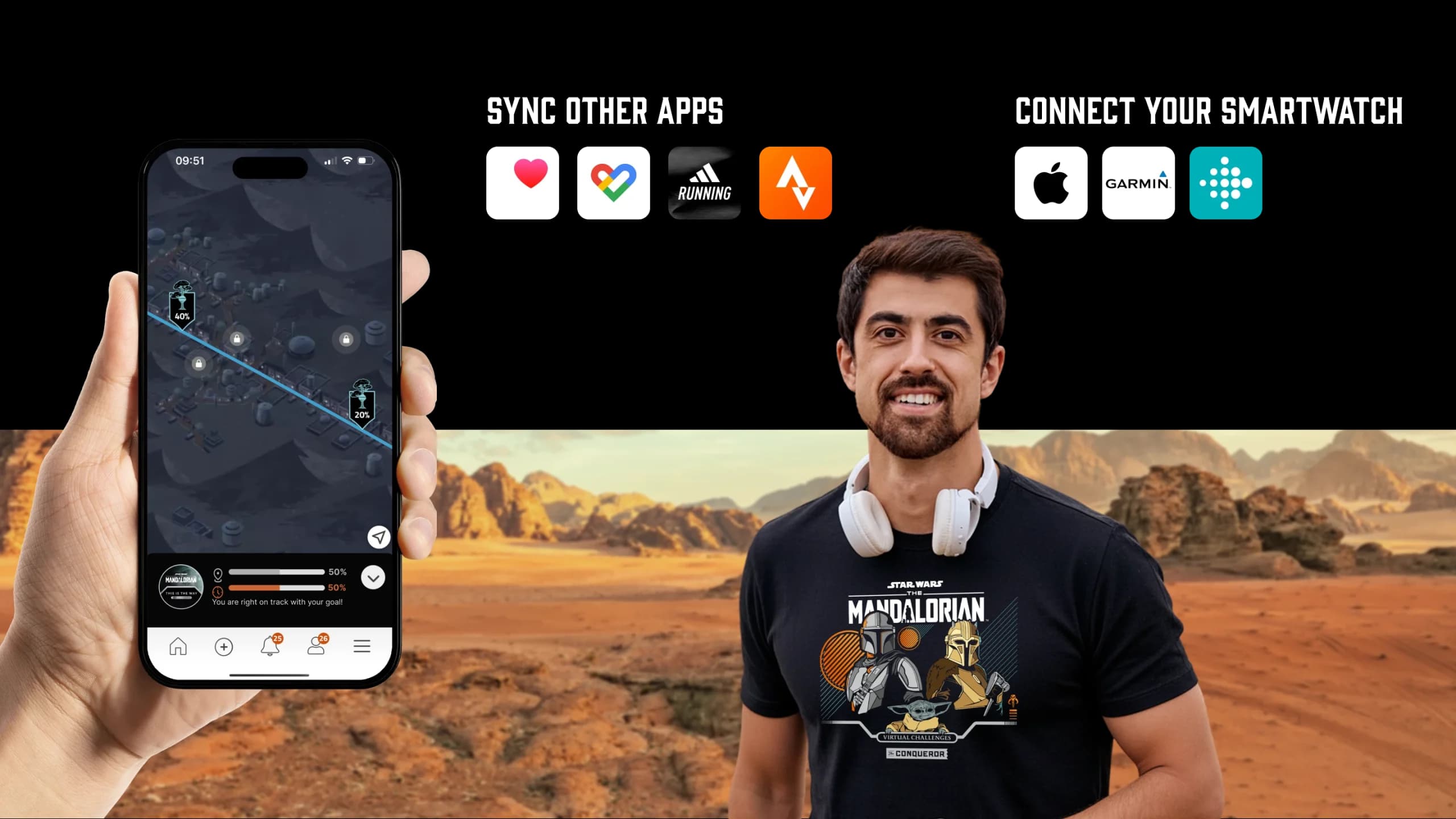 The Conqueror App integrating with other mobile apps to track progress towards challenge completion
